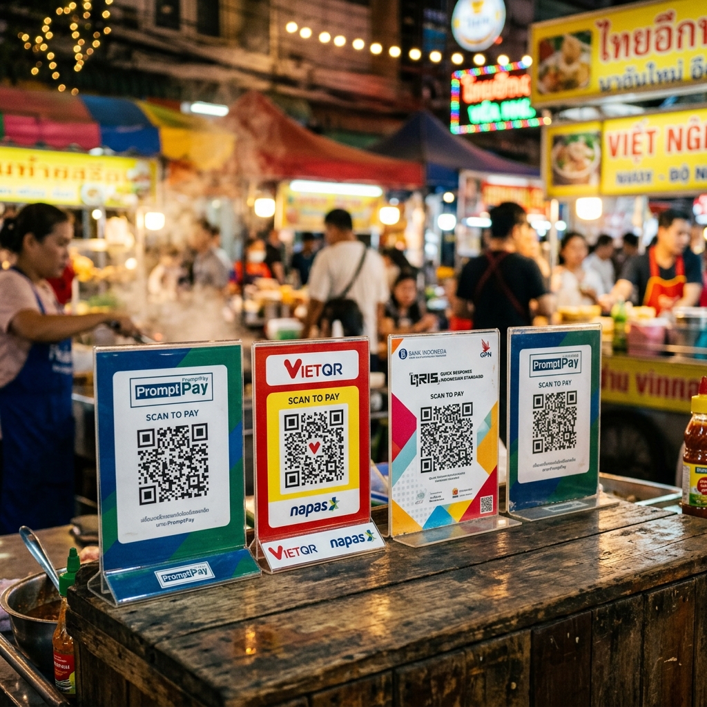 A close-up of various national QR code stands at a street food market