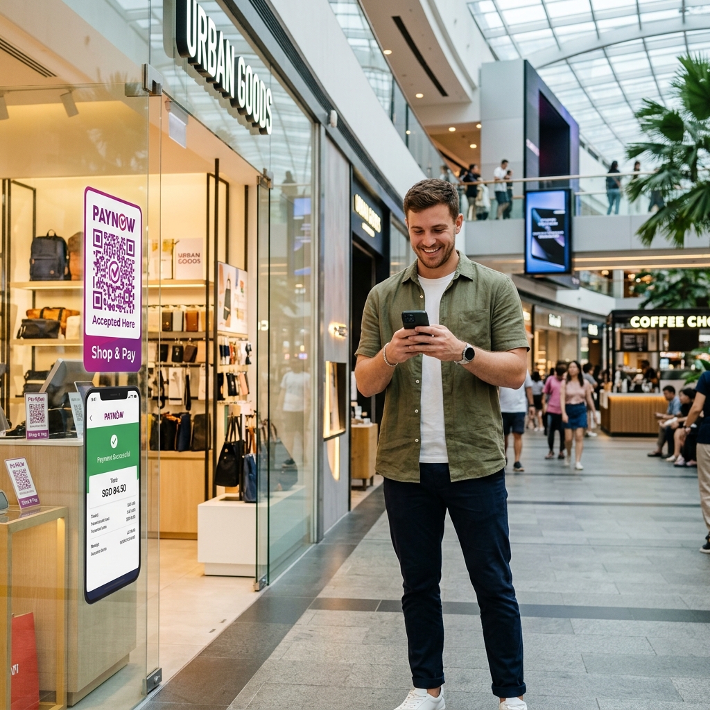A Western traveler using digital payments in a modern Southeast Asian shopping mall